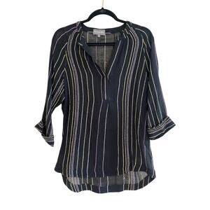 Michael Stars Beach Striped Semi Sheer Gauzy 3/4 Sleeve Shirt Blouse Black Sz S